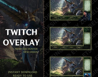 Può includere: Una sovrapposizione Twitch verde e marrone con una scena di Monster Hunter con una grande spada e un mostro sullo sfondo. La sovrapposizione include testo che dice "Twitch Overlay", "Monster Hunter New Green", "Download immediato" e "Pronto all'uso".