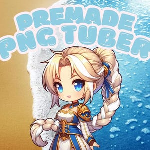 Peut inclure: Une illustration de dessin animé d'une jeune femme aux longs cheveux blonds et aux yeux bleus. Elle porte une robe bleue et blanche avec des accents dorés. L'image contient le texte "PREMADE PNG TUBER" dans une police de caractères en forme de bulle bleue et blanche.