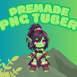 May include: A green-skinned, cartoon-style female character with large ears, a brown ponytail, and a fierce expression. She is wearing a brown leather outfit with a skull and crossbones design and a furry skirt. The character is standing on a green and brown background with the text "PREMADE PNG TUBER" in large, green letters.