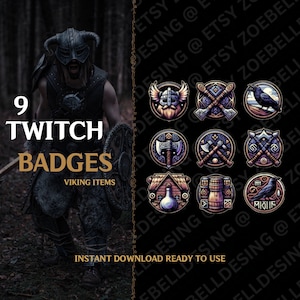 Könnte beinhalten: Neun Twitch-Abzeichen mit Wikinger-Themen. Die Abzeichen zeigen Illustrationen von Wikingerhelmen, Äxten, Raben und anderen verwandten Bildern. Der Text "9 Twitch Badges Viking Items" wird auf der linken Seite des Bildes angezeigt.