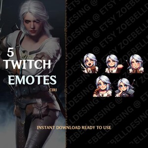 May include: Five Twitch emotes featuring a white-haired female character with different expressions. The emotes are in a grid format with the text "5 Twitch Emotes Ciri" at the top.