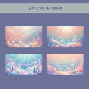 Pu&ograve; includere: Quattro opere d'arte digitale con una tavolozza di colori pastello. Ognuna presenta una scena sottomarina con coralli, piante e bolle. Il testo "Stream is offline" &egrave; scritto su ogni immagine. La parte superiore dell'immagine ha il testo "OFFLINE SCREENS".