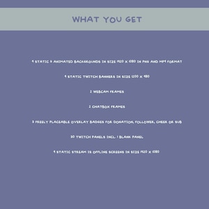 Pu&ograve; includere: Grafica digitale con il testo "WHAT YOU GET" in alto. L'immagine elenca vari elementi digitali per streamer Twitch, tra cui sfondi, banner, cornici webcam, cornici chatbox, badge overlay, pannelli e schermate offline.