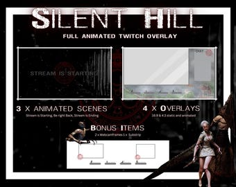 Può includere: Grafica digitale per un overlay di Twitch, con la scritta "SILENT HILL". L'overlay include scene animate, overlay statici e animati e elementi bonus. L'immagine ha un'estetica oscura e a tema horror.