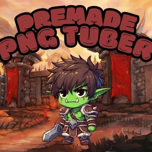 May include: A green cartoon orc character with brown hair and a sword. The character is wearing a brown leather armor with a gold belt and a white fur trim. The background is a fantasy landscape with a red banner and a stone wall.