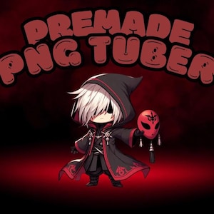 Könnte beinhalten: Eine digitale Illustration einer Cartoonfigur, die einen schwarzen Kapuzenumhang trägt und eine rote Maske mit einem weißen Alien-Gesicht hält. Der Hintergrund ist ein dunkler roter Farbverlauf. Der Text "PREMADE PNG TUBER" steht in großen roten Buchstaben oben im Bild.