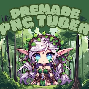 May include: A digital illustration of a cartoon elf with long, white hair and blue eyes. She is wearing a green and brown outfit and a crown of leaves. The background is a green forest.