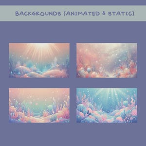 Pu&ograve; includere: Quattro sfondi di arte digitale a tema fantasy. Ogni sfondo presenta colori pastello, tra cui rosa, blu e giallo, con elementi come piante, raggi di luce e bolle. Il testo "BACKGROUNDS (ANIMATED & STATIC)" &egrave; in alto.