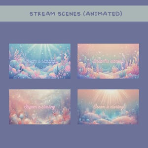 Pu&ograve; includere: Scene animate per stream con temi sottomarini. Ogni scena presenta una tavolozza di colori unica, tra cui blu, rosa e viola, con il testo "Stream is starting". Le scene raffigurano coralli, piante e raggi di luce.