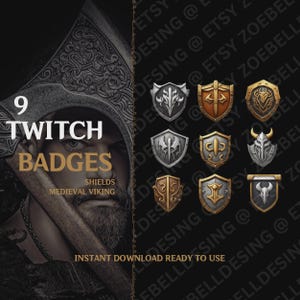 Twitch Sub- och Bit-märken - Nio Twitch Stream-märken - Vikingastil, Medeltida, Sköld