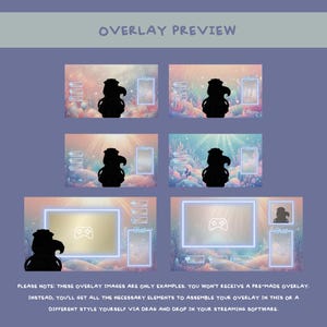 Pu&ograve; includere: Anteprima di arte digitale di overlay di streaming con un tema sottomarino pastello. L'immagine mostra diversi esempi di layout con un personaggio silhouette, caselle di chat e un'icona del controller di gioco. Il testo in alto recita "OVERLAY PREVIEW".