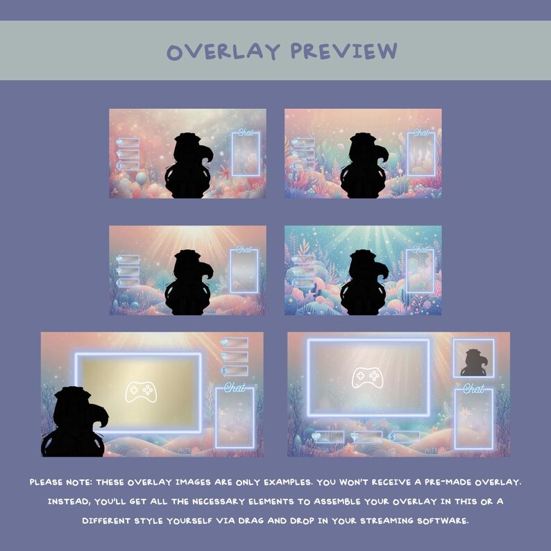 Pu&ograve; includere: Anteprima di arte digitale di overlay di streaming con un tema sottomarino pastello. L'immagine mostra diversi esempi di layout con un personaggio silhouette, caselle di chat e un'icona del controller di gioco. Il testo in alto recita "OVERLAY PREVIEW".