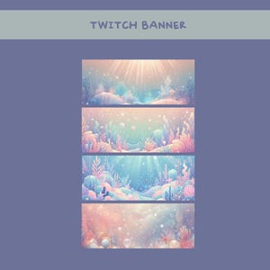 Pu&ograve; includere: Quattro banner di arte digitale a tema sottomarino. Ogni banner presenta una diversa tavolozza di colori, tra cui rosa, blu e giallo. I banner hanno una qualit&agrave; sognante ed eterea, con raggi di luce e piante acquatiche.
