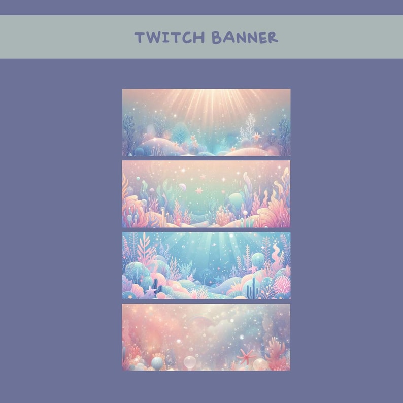 Pu&ograve; includere: Quattro banner di arte digitale a tema sottomarino. Ogni banner presenta una diversa tavolozza di colori, tra cui rosa, blu e giallo. I banner hanno una qualit&agrave; sognante ed eterea, con raggi di luce e piante acquatiche.