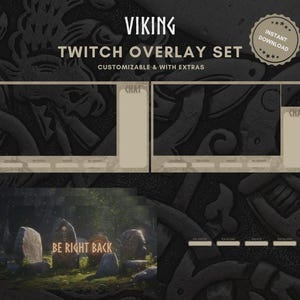 Könnte beinhalten: Ein Viking-Themen-Twitch-Overlay-Set mit anpassbaren Elementen und Extras. Das Design umfasst Chat-Boxen, Statusleisten und einen "Be Right Back"-Bildschirm mit einer Steinmonument-Szene. Das Set ist als Sofort-Download gekennzeichnet.
