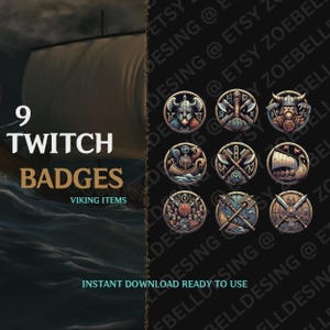 Könnte beinhalten: Neun Twitch-Abzeichen im Wikinger-Stil mit detaillierten Illustrationen von Helmen, Äxten, Schilden und Langschiffen. Die Abzeichen sind kreisförmig und farbenfroh. Der Text "9 Twitch Badges" und "Viking Items" ist ebenfalls enthalten.