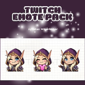 May include: Three animated Twitch emotes featuring a female elf character with purple and gold clothing. The emotes show the elf with different expressions: winking, blushing with a heart, and waving.