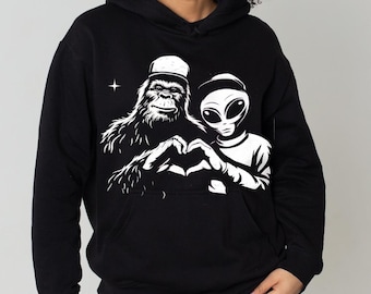 Bigfoot and Alien Heart Hands Design: Funny Cryptid Friends PNG (Digital Download)