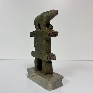 Polar Bear Inukshuk - Handmade original soapstone carving sculpture by Indigenous Carver Anthony Antoine - Polar Bear on Inukshuk 8" tall