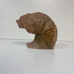 Grizzly Shaman - Original Handmade Indigenous Soapstone Sculpture by Dene Carver Anthony Antoine -Brown Grizzly Bear with Shaman - 6.5" tall