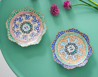 Vintage hand painted Minakari plates, hand painted Meenakari enamel art plates, enamel Minakari wall art Persian blue green
