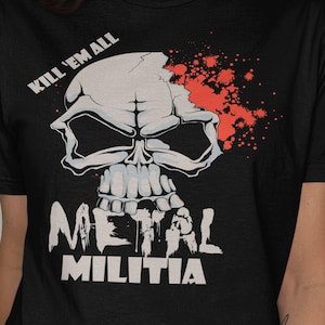 Maglietta Metal Militia, maglietta con teschio Kill Em All, fan del rock, regalo per gli amanti della musica, maglietta in stile grunge, outfit da concerto, maglietta con grafica a teschio, streetwear
