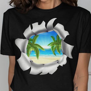 Tropisches Strand-Ansicht-T-Shirt, Palmen-Strand-T-Shirt, Sommerferien-T-Stück, zerrissenes Papier-Strand, szenisches Strand-T-Stück, Sommervibes-T-Shirt