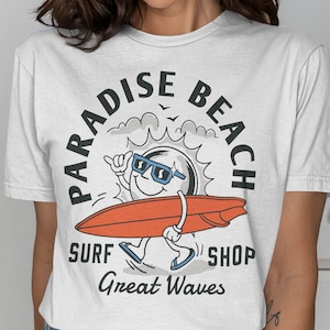 Camiseta de la tienda de surf Paradise Beach, camiseta Great Waves, camiseta de vacaciones de verano, camiseta Fun the Sun, ropa de surf, estilo retro de dibujos animados, ropa elástica