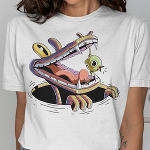 Hungry Crocodile Bird Puppet T-Shirt, Funny Aligator Tee, Cartoon Graphic Top, Quirky Animal Shirt, Unique Design T Shirt, Streetwear
