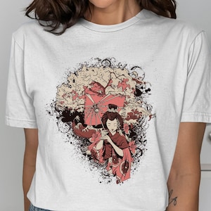 Geisha T-Shirt, Japanese Art, Cherry Blossom Tee, Oriental Design, Asian Inspired Apparel, Unique T Shirt, Stylish Geisha Art Tee