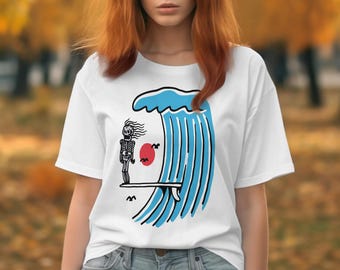 Surf Skeleton T-Shirt, Ocean Wave Tee, Skeleton Surfer Design, Unique Graphic TShirt, Coastal Style Gift, Beach Lover T-Shirt