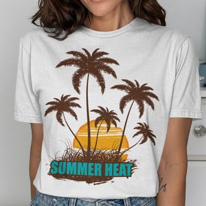 Summer Heat T-Shirt, Palm Tree Design, Sunset Graphic Tee, Tropical Summer Shirt, Beach Lover Gift, Summer Holiday Top