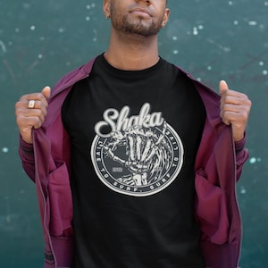 Shaka Surfing Skeleton Graphic T-Shirt, Live To Surf Surf To Live Design, Established 1991 Surf Tee for Surfing Enthusiasts