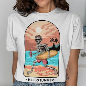 Summer Skeleton T-Shirt, Beach Vibes, Surfboard, Hello Summer Graphic, Beach T-Shirt, Skeleton Surfer, Summer Fun T-Shirt