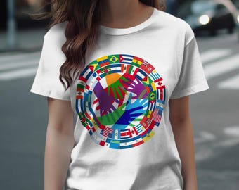 Global Unity Hands Graphic T-Shirt, International Flags Shirt