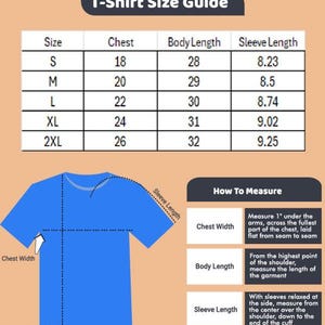A t-shirt size guide showing measurements for chest, body length, and sleeve length with a blue shirt diagram.