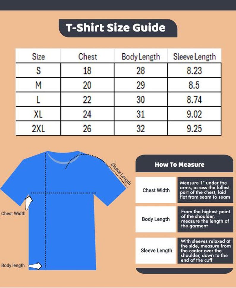 A t-shirt size guide showing measurements for chest, body length, and sleeve length with a blue shirt diagram.