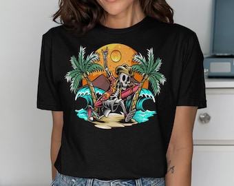 Surfing Skeleton T-Shirt, Beach Vibes, Skull Rider Tee, Palm Tree Graphic, Summer Surf Shirt, Rock On Skeleton, Vacation Shirt
