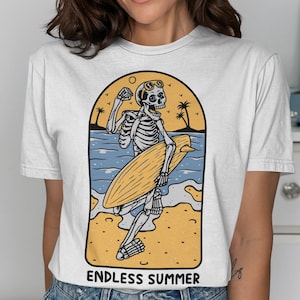 Surfing Skeleton T-Shirt, Endless Summer Vibes, Beach Skeleton Art, Summer Skeleton, Beach Holiday, Surfer T Shirt, Skeleton Tee