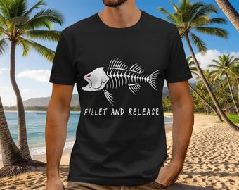 Fishing T Shirt with Skeleton Fish Design, 100% Cotton Angler Graphic Tee