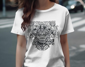 Barong T Shirt, Black and White Balinese Art on 100% Cotton