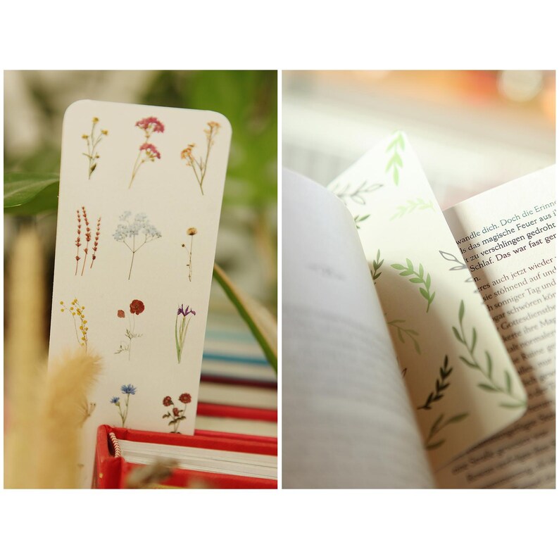May include: Two bookmark designs with floral illustrations. The first bookmark features a white background with various small flowers and plants in shades of red, yellow, blue, and green. The second bookmark has a white background with green leaves and branches.