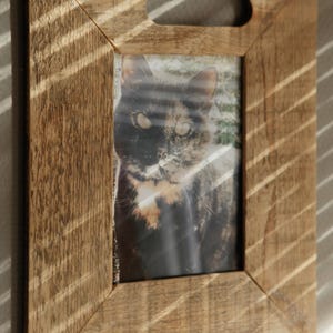 Könnte beinhalten: Ein rechteckiger Holzbilderrahmen mit einem griffartigen Ausschnitt oben. Der Rahmen enthält ein Foto einer Katze mit schwarzem, braunem und hellbraunem Fell. Der Rahmen ist aus hellem Holz gefertigt.