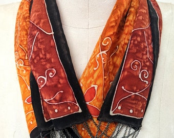 Red-Gold Autumn - Hand Painted Silk Scarf / Necklace - Wearable Art