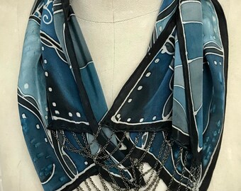 Blue Geometric Mod - Hand Painted Silk Scarf / Necklace - Wearable Art
