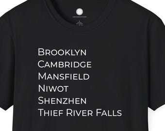 Maker Cities Tee | Brooklyn Mansfield Niwot Prague Shenzhen Thief River Falls | Hardware Hacker Gift Electronics Enthusiast Shirt