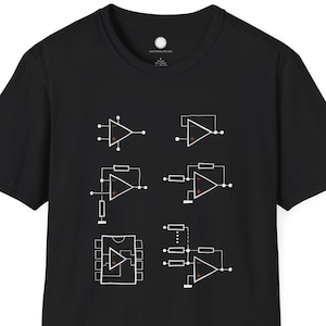May include: Black t-shirt featuring a white graphic of electronic circuit diagrams. The diagrams include symbols for operational amplifiers and other electronic components. The shirt is made of a soft material and has a crew neck.