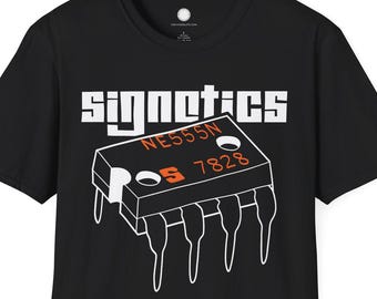 Vintage Signetics 555 Timer T-Shirt | Hand-Drawn Electronics Engineer Gift | Classic IC Chip Hardware Maker Tee