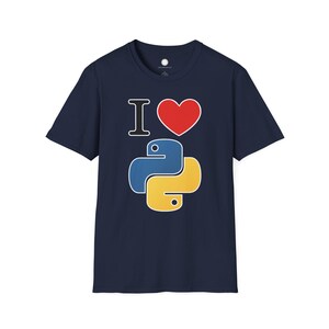I Love Python Programming | Maker Philosophy Tee | Software Developer Gift Coding Enthusiast Blue Yellow Snake Logo Typography Shirt image 7