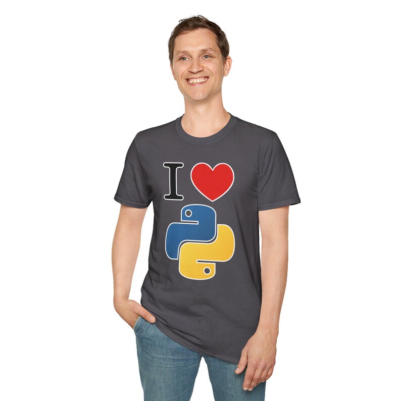 I Love Python Programming | Maker Philosophy Tee | Software Developer Gift Coding Enthusiast Blue Yellow Snake Logo Typography Shirt image 3